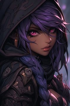 an anime character with purple hair wearing a hood