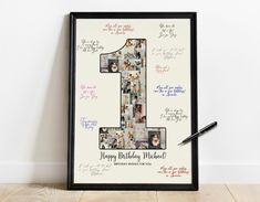 a birthday poster with the number one surrounded by photos