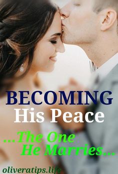 a man and woman kissing each other in front of the words becoming his peace, the one he married