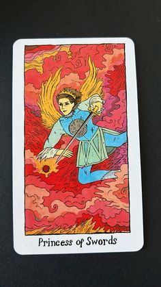 the princess of swords tarot card is shown in red and blue, with an orange background