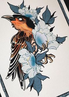 a drawing of a bird with flowers on it