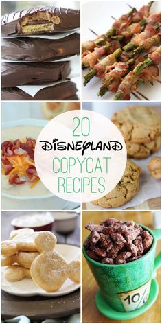 many different types of food and desserts are shown in this collage with the words disney land copycat recipes