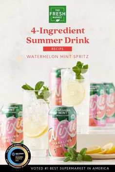 four cans of watermelon mint spritz with lemon slices and mint leaves