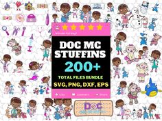 the cover of doc mc stuffins 200 + total files bundle svg, png, dxf, eps