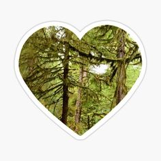 a heart shaped sticker with trees in the background