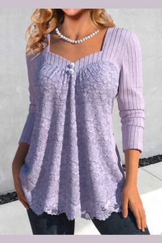 Lace Light Purple Heart Collar Long Sleeve T Shirt 2024 Wardrobe, Beautiful Tops, Tops Trendy, Trendy Tops For Women, Collar Tshirt, Graduation Outfit, Crochet Square, Clothes Women, Sweater Coat