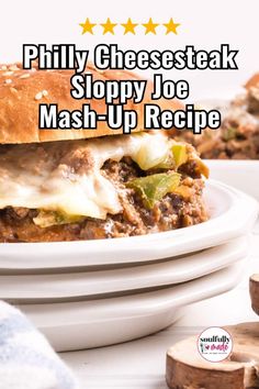 a close up of a plate of food with cheesesteak sloppy joe mash - up