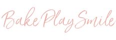 the words bake play smile written in pink ink on a white background with an image of