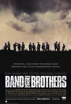 a movie poster for band of brothers with people standing in front of the sky and clouds