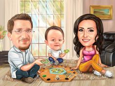 a family caricature sitting on the floor playing board games