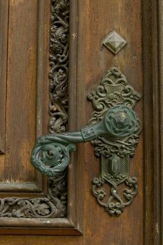 an ornate door handle on a wooden door