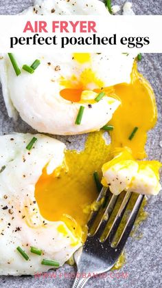 an egg is being eaten with a fork on a plate that says air fryer perfect poached eggs