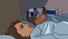 a woman laying in bed next to an iv machine