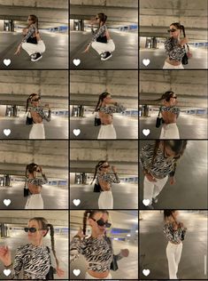 multiple pictures of a woman in zebra print shirt and white pants