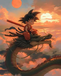 a boy sitting on top of a dragon in the sky