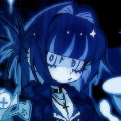 an anime character with blue hair holding a cup and looking at something in the distance