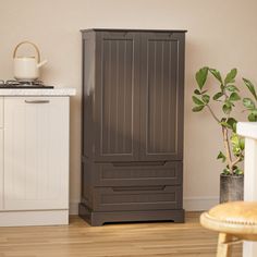 a kitchen with a potted plant next to a brown cabinet in the middle of it