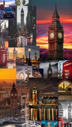 a collage of different pictures including big ben and the london eye