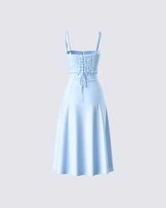 Feeling blue has never looked so cute 😌 With its dreamy hue and flowy silhouette, this dress featuring corset boning, a lace-up back, and a tie at the center bust is full of whimsy 💙 Baby Blue Homecoming Dress, Homecoming Dress Corset, Corset Dress Casual, Corset Dress Short, Homecoming Dresses Corset, Corset Dresses, Corset Boning, Corset Midi Dress, Blue Corset