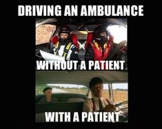 two people sitting in the back seat of a car, one driving an ambulance without a patient