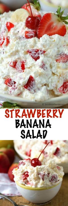 strawberry banana salad in a white bowl with strawberries on top and text overlay