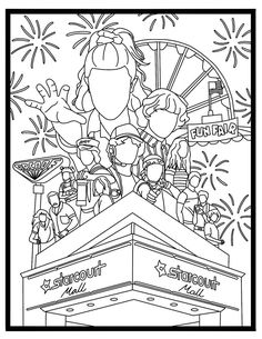 an amusement park coloring page with fireworks in the sky and cartoon characters on top of it