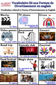 an image of different types of entertainment in english and french language, with the words'vodafiaire lite et formes de l'en angtres de d '