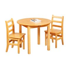 a wooden table with two chairs and a book on top of it in front of a white background