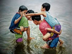 three children are playing in the water with their hands on each other's shoulders