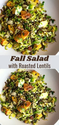 two plates filled with different types of salads on top of each other and the words fall salad with roasted lentils above them