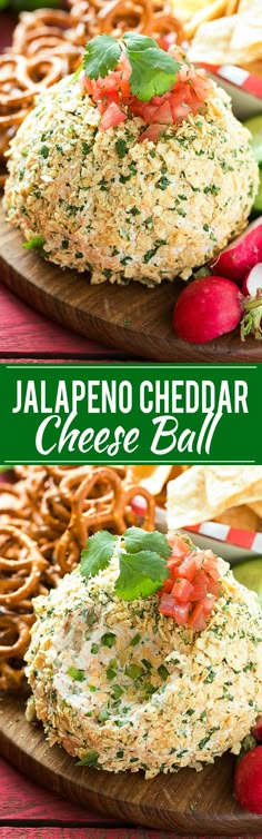 jalapeno cheddar cheese ball on a wooden platter