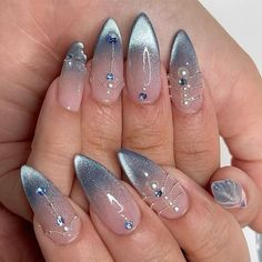 Almond Nails Ideas Winter, Siren Nails Design, Night Sky Nails Dark Blue, Birthday Nails Sagittarius, Birthday Nails Almond Shape, Winter Almond Nails Ideas, Simple Grinch Nails, Holiday Nails Acrylic, Winter Pink Nails