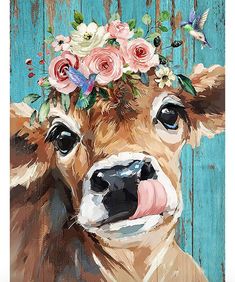 a painting of a cow with flowers on its head