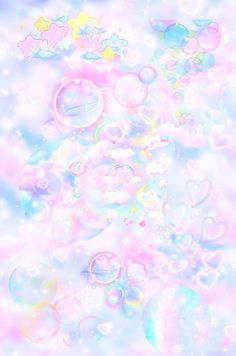 soap bubbles floating in the air on a blue and pink background with stars, clouds and hearts