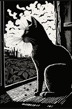 a black and white drawing of a cat sitting on a window sill looking out