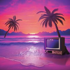 an old tv sitting on top of a beach next to a palm tree in the ocean