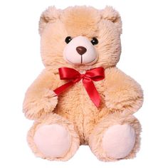 a teddy bear with a red bow on it's neck and eyes, sitting in front of a white background