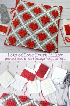 an image of some red and white crocheted hearts on a pillow with yarn