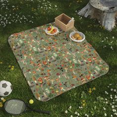 a picnic blanket with food on it and two tennis rackets sitting in the grass