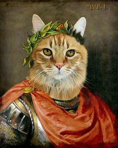 a painting of a cat with a helmet on it's head and wearing a red cape