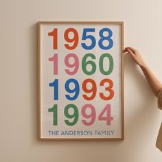 a person holding up a framed poster with numbers on it