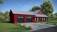 a red barn style house with two garages on the front and one car garage on the back