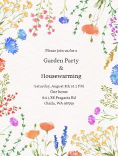 an image of a garden party with watercolor flowers in the center and text that reads, please join us for a garden party housewarming