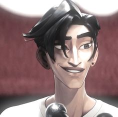 an animated man with black hair and white shirt holding a microphone in front of him