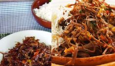 two different pictures of food on plates and in bowls, one with meat and the other with rice