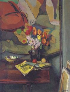 a painting of flowers in a vase on a table next to a bowl of fruit