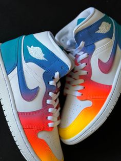 Custom painted jordan 1 Mids, made with a color fade pained to resemble the sunrise. These shoes are art that is meant to be worn and worn proudly as you stand out from the crowd! If you have any questions please feel free to message me! Orders are made to order and take about 2-3 weeks for shipping! Painted Jordan 1 Mid, Boys Nike Shoes, Blue And Orange Jordans, Different Color Shoes, Nike Custom Shoes, Custom Jordan 1, Jordan 1 Custom, Custom Jordan Shoes, Sepatu Air Jordan