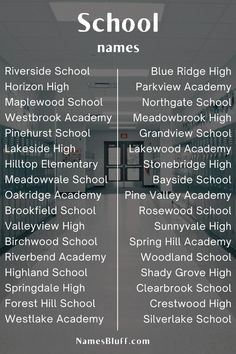 the names of school names are shown in black and white, along with an empty hallway