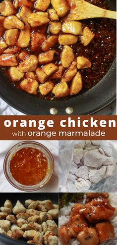 orange chicken with orange marmalade in a skillet and on the side, then being cooked