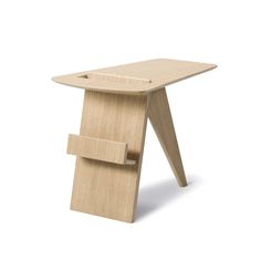 a small wooden table with two legs and a magazine rack attached to the back of it